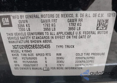 2014 GMC Sierra 1500 Slt from USA, damaged, VIN 3GTU2VEC5EG325435